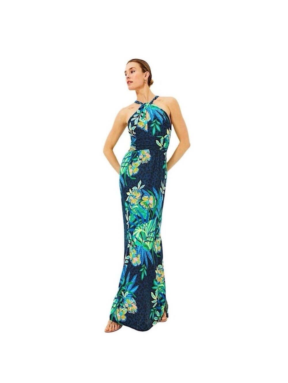 Lilly Pulitzer Navy Tropical Halter Maxi with Green and Yellow Floral